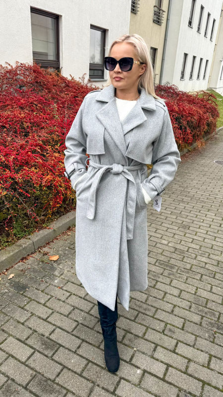 Płaszcz  Długi Elegancki Damski Szary