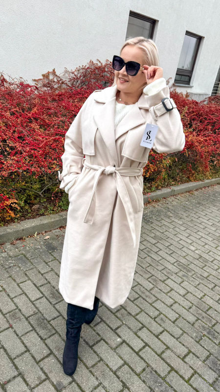 Płaszcz  Długi Elegancki Damski Beżowy