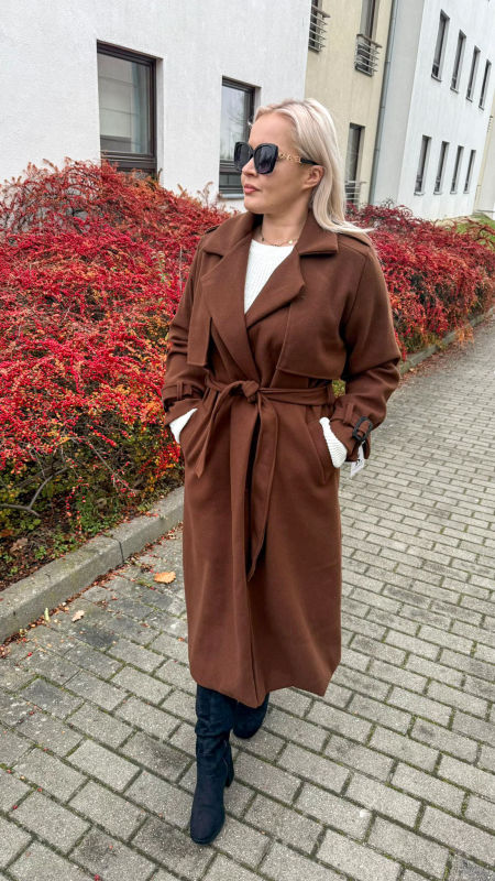 Płaszcz  Długi Elegancki Damski Brązowy