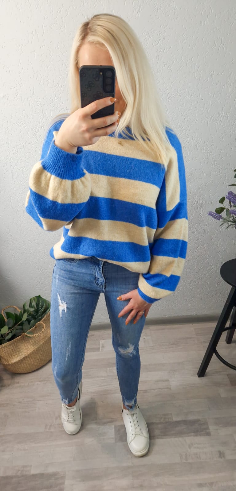 Sweter Stripes Beżowo Niebieski